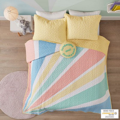 Olliix Rory Rainbow Sunburst Reversible Cotton Quilt Set with Throw Pillow Yellow