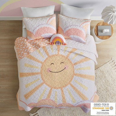 Olliix Dawn Reversible Sunshine Printed Cotton Quilt Set with Throw Pillow Yellow/Coral