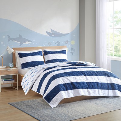 Olliix Sammie Cotton Cabana Stripe Reversible Quilt Set with Shark Reverse Navy