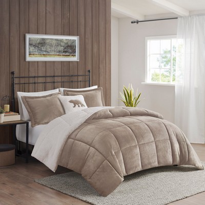 Olliix Alton Plush to Sherpa Down Alternative Comforter Set Taupe/Ivory