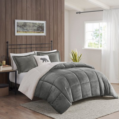 Olliix Alton Plush to Sherpa Down Alternative Comforter Set Charcoal/Ivory