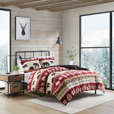 Olliix Tunbridge Print Sherpa Comforter Set Red/Black