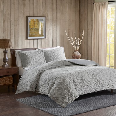 Olliix Teton Embroidered Plush Quilt Set Grey