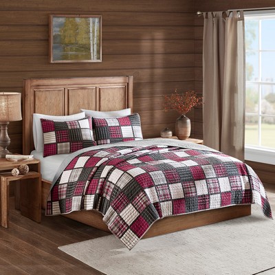 Olliix Tulsa Oversized Plaid Print Cotton Quilt Set Red/Grey