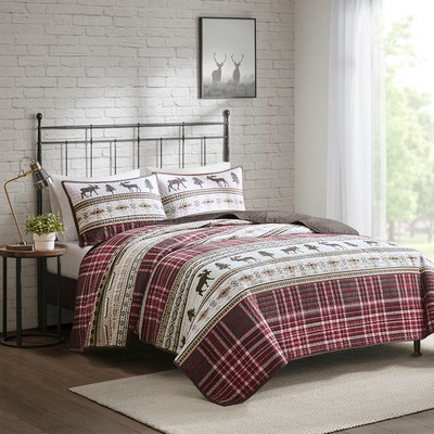 Olliix Winter Valley Oversized 3 PC Microfiber Quilt Set Red/Brown