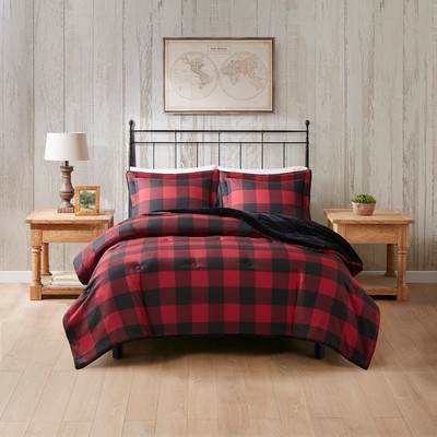 Olliix Bernston Faux Wool to Faux Fur Down Alternative Comforter Set Red Buffalo Check