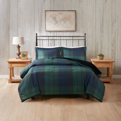 Olliix Bernston Faux Wool to Faux Fur Down Alternative Comforter Set Green Plaid