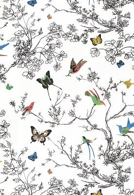 Schumacher Fabric BIRDS AND BUTTERFLIES MULTI ON WHITE