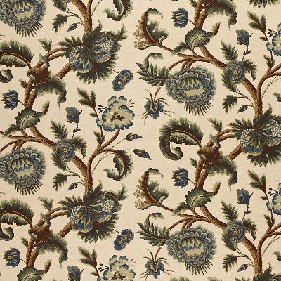 Schumacher Fabric JACOBEAN PRINTED CREWEL MULTI BLUES WOOD TONES