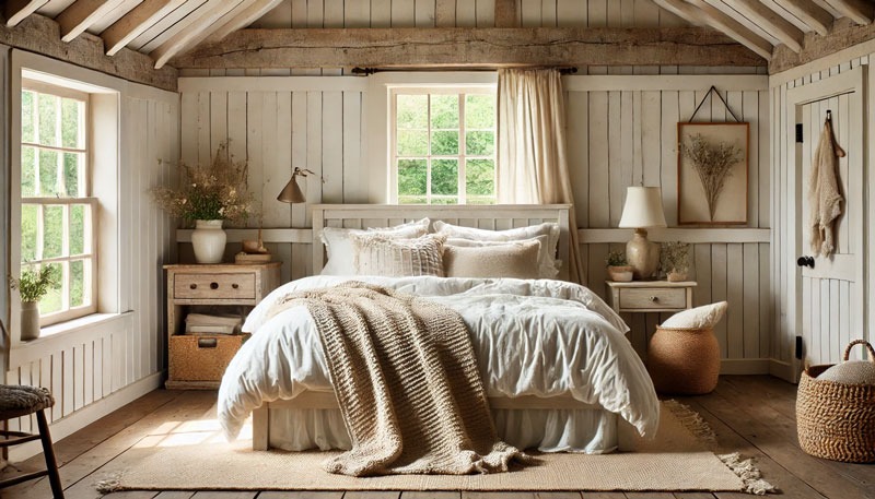 Farmhouse bedroom with a throw blanket draped casually across the foot.