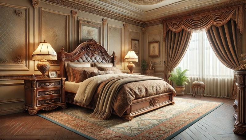 Traditional bedroom with bed scarf.