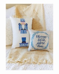 Blue White Christmaas Oh Come Let Us Adore Him 12x12 Climaweave Pillow by   