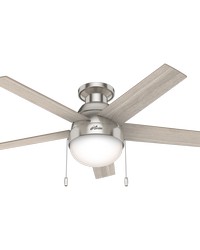 Hunter 46 inch Anslee Brushed Nickel Low Profile Ceiling Fan with LED Light Kit and Pull Chain by   