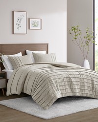 Maddox 3 Piece Striated Cationic Dyed Oversized Comforter Set With Pleats Natural Full Queen by   