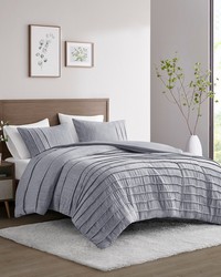 Maddox 3 Piece Striated Cationic Dyed Oversized Duvet Cover Set with Pleats Blue Full Queen by   