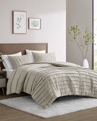 Maddox 3 Piece Striated Cationic Dyed Oversized Duvet Cover Set with Pleats Natural Full Queen by   