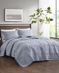 Guthrie 3 Piece Striated Cationic Dyed Oversized Quilt Set Blue Full Queen by   