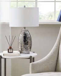 Livy Oval Textured Ceramic Table Lamp Silver Base White Shade by   