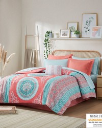 Loretta Boho Comforter Set with Bed Sheets Coral Queen by   