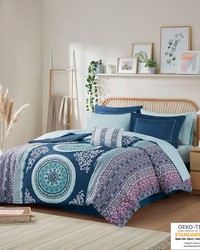 Loretta Boho Comforter Set with Bed Sheets Navy Queen by   