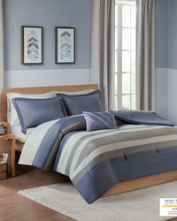 Marsden Striped Comforter Set with Bed Sheets Blue Grey Queen by   