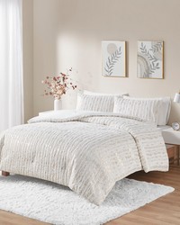 Naomi Metallic Print Faux Fur Comforter Set White Gold Full Queen by   