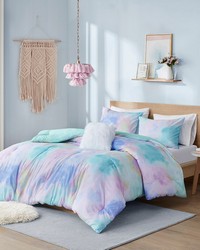 Cassiopeia Watercolor Tie Dye Printed Comforter Set with Throw Pillow Aqua King by   