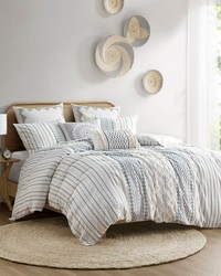 Imani Cotton Printed Duvet Cover Set with Chenille White Navy Full Queen by   