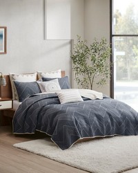 Pomona 3 Piece Embroidered Cotton Quilt Set Navy Full Queen by   