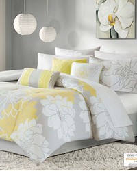 Lola Printed Cotton Sateen Comforter Set Taupe Grey Yellow Queen by   