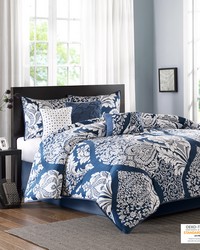 Vienna 7 Piece Cotton Printed Comforter Set Indigo Queen by   