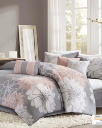 Lola Printed Cotton Sateen Comforter Set Grey Peach Queen by   