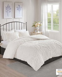 Viola 3 Piece Tufted Cotton Chenille Damask Comforter Set OffWhite Full Queen by   