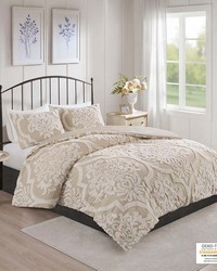 Viola 3 piece Tufted Cotton Chenille Damask Comforter Set Taupe Full Queen by   