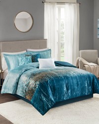 Midnight Garden 7 Piece Metallic Print Comforter Set Navy Queen by   