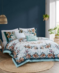 Jules 5 Piece Cotton Floral Comforter Set with Throw Pillows Teal Full Queen by   