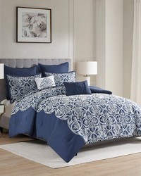 Rana 7 Piece Flocking Comforter Set with Euro Shams and Throw Pillows Navy Full Queen by   