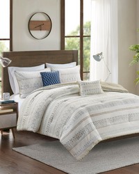 Fraser 5 Piece Printed Seersucker Comforter Set with Throw Pillows Taupe Blue Full Queen by   