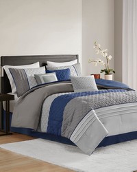 Greer 7 Piece Color Block Stripe Comforter Set with Throw Pillows Blue Queen by   