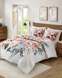 Dahlia 3 Piece Floral Cotton Comforter Set Peach OffWhite Full Queen by   