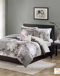 Serena 6 Piece Printed Duvet Cover Set Grey Queen by   