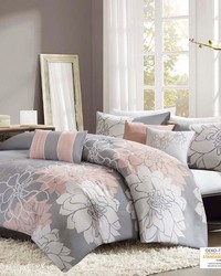 Lola 6 Piece Printed Duvet Cover Set Grey Peach Full Queen by   