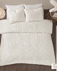 Laetitia 3Piece Tufted Cotton Chenille Medallion Duvet Cover Set OffWhite Full Queen by   