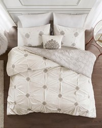 Malia 4 Piece Embroidered Cotton Reversible Duvet Cover Set Ivory Full Queen by   