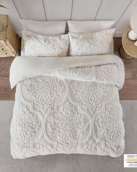 Viola 3 Piece Tufted Cotton Chenille Damask Duvet Cover Set OffWhite Full Queen by   