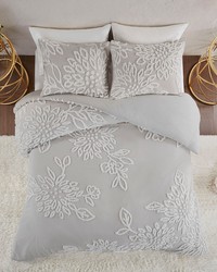 Veronica 3 Piece Tufted Cotton Chenille Floral Duvet Cover Set Warm Grey White King by   