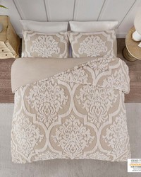 Viola 3 piece Tufted Cotton Chenille Damask Duvet Cover Set Taupe Full Queen by   