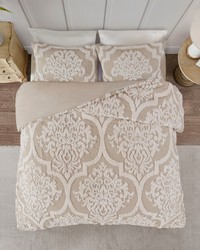 Viola 3 piece Tufted Cotton Chenille Damask Duvet Cover Set Taupe King by   