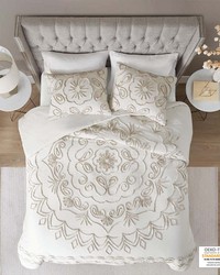 Violette 3 Piece Tufted Cotton Chenille Duvet Cover Set Ivory Taupe Full Queen by   