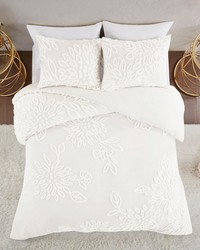 Veronica 3 Piece Tufted Cotton Chenille Floral Duvet Cover Set OffWhite Full Queen by   